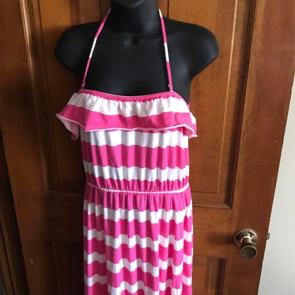 Sundress Pink white stripe maxi dress with neck strap, boho summer casual cotton - Picture 3 of 4